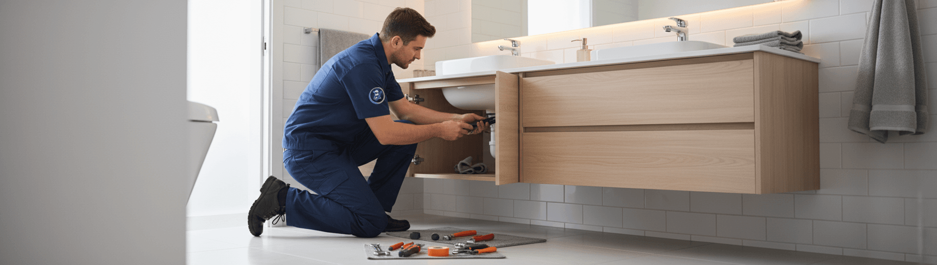 Mauro working on bathroom plumbing