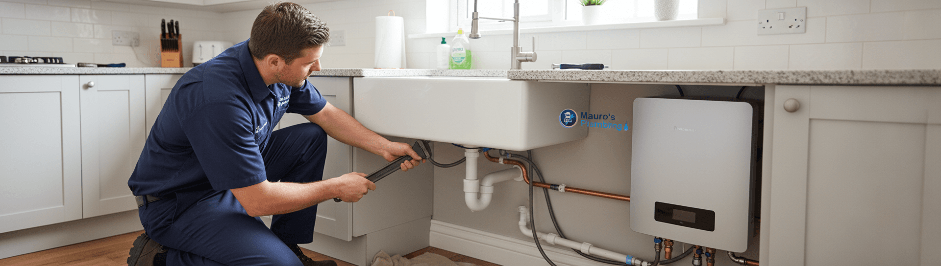 Mauro working on kitchen plumbing